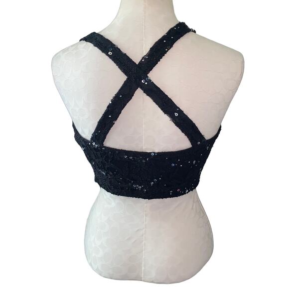 Lace Embroidered Sequins overlay padded croptop with criss cross back size 9 - Picture 2 of 5